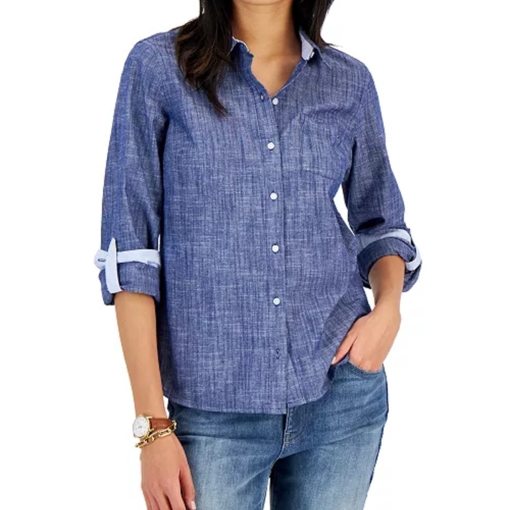 Tommy Hilfiger Shirt Button Up Blue Denim Chambray Logo Casual Preppy S